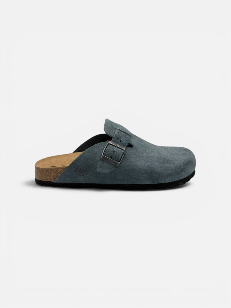 Saboți Bărbați din Piele Întoarsă Naturală Clog Închis cu Cataramă – Denim